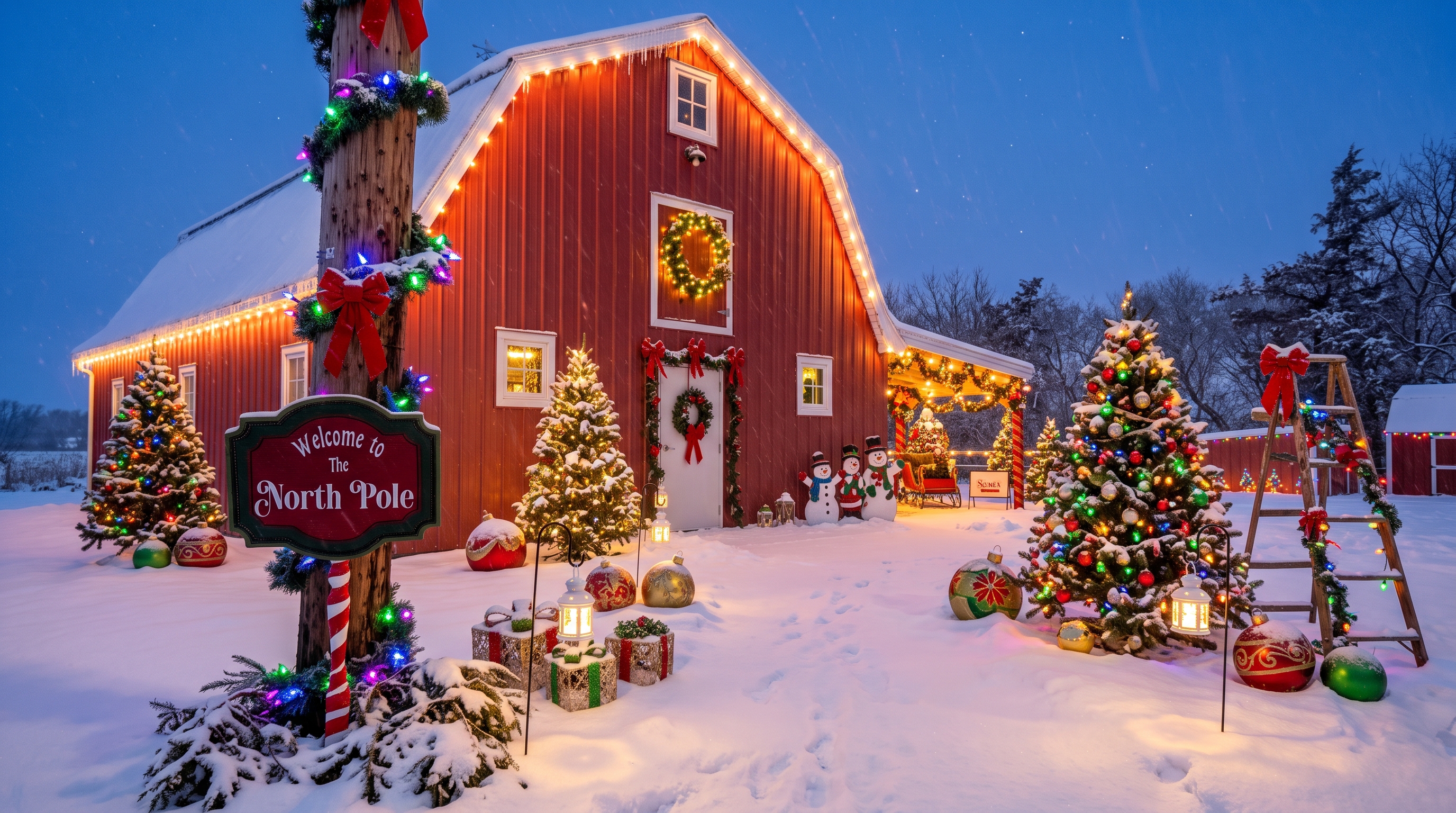 The red barn at Willow Grove Orchard strung with Christmas lights, beside the Welcome to the North Pole sign
