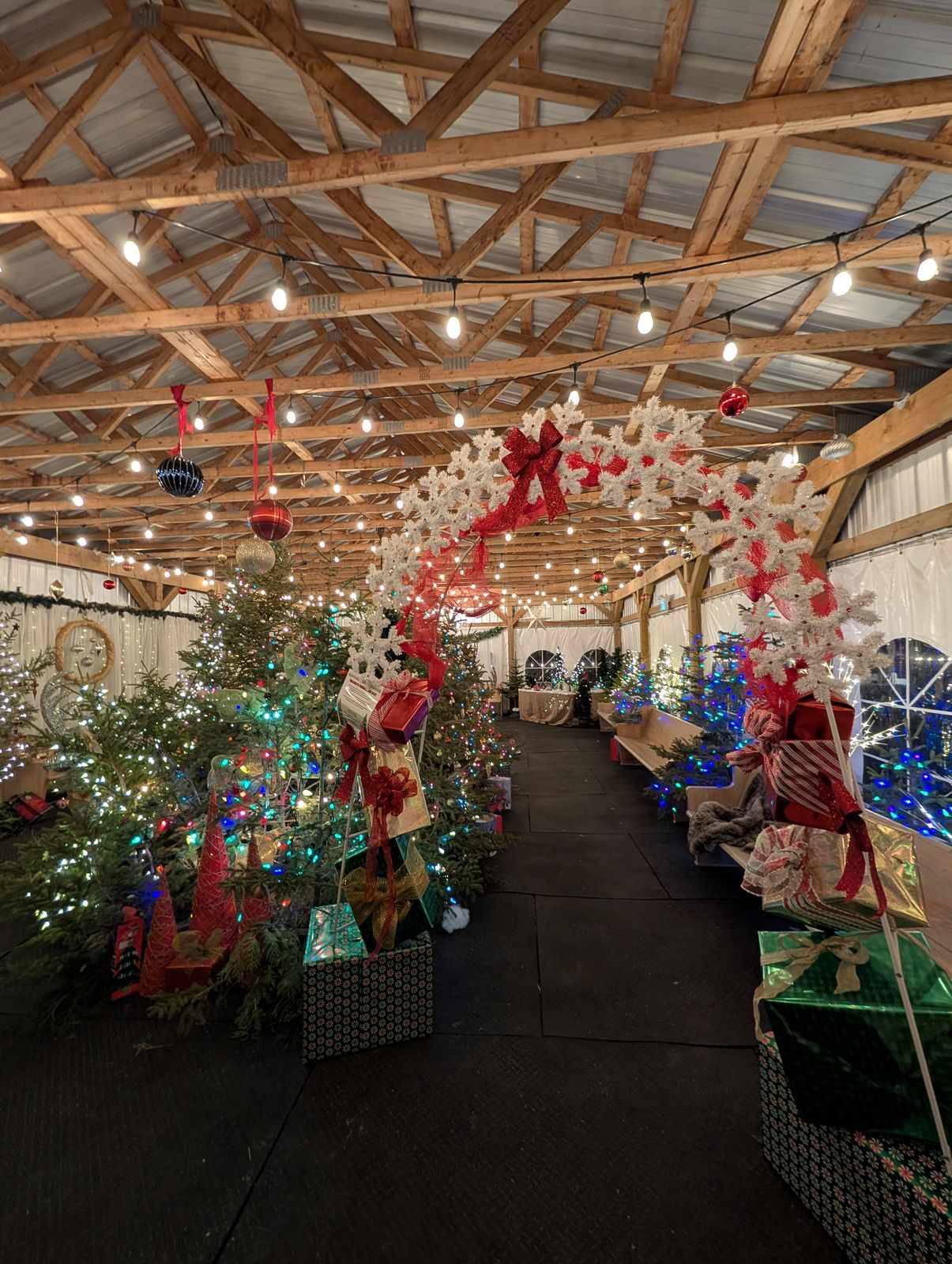 Rows of decorated trees and ornaments inside the covered tent